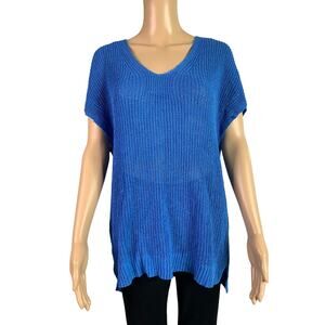 Tommy Bahama Women's Size Large Knit Sweater Top Linen Blend Blue Short Sleeve